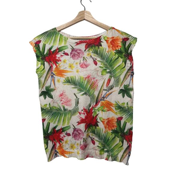 Luisa Ricci Floral Sweater Top Birds of Paradise Capped Sleeves Italy Tropical L - Picture 1 of 8